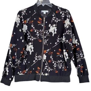Say What? Black Brown Floral Leaf Bomber Jacket Women’s Size Large Pockets Thin